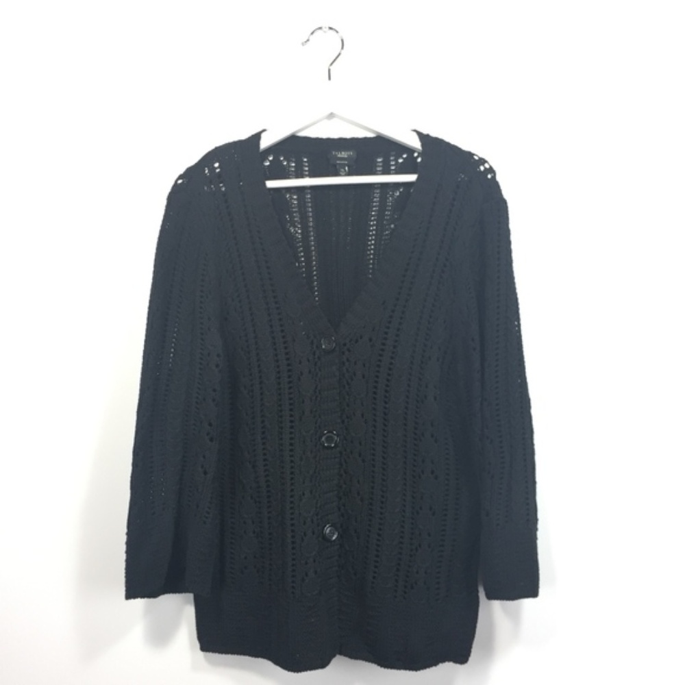 Talbots XL Cardigan Black Knit 3/4 Sleeves Cotton